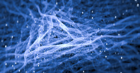 Poster - Bokeh blue interspersed with bright gold lights. Fractal abstract background.
