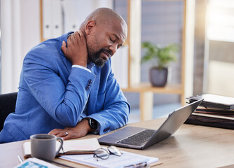 Wall Mural - Black man , stress and tired burnout with neck pain in the office due to bad posture and uncomfortable chair. Fatigue, problem or frustrated worker annoyed with body injury or muscle backache at work