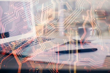 Poster - Computer on desktop in office with technology theme hologram. Double exposure. Tech concept.