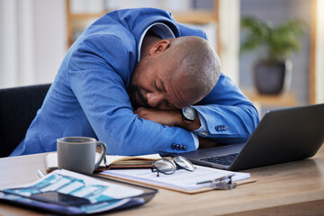 Poster - Tired, professional burnout and black man sleep at desk, mental health and depression with sick businessman, corporate and exhausted. Sleeping, work and insomnia, business, fatigue and rest in office