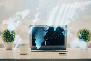Poster - Double exposure of business theme icons and work space with computer background. Concept of success.