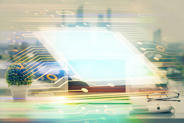 Poster - Multi exposure of table with computer on background and data theme drawing. Concept of innovation.