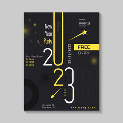 Wall Mural - New year party poster, flyer, banner template. Modern typography greeting card for 2023 with black background and yellow shape text design