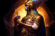 Osiris, Egyptian God made by AI in style of Alphonse Mucha. A concept art with colorful dramatic atmosphere.