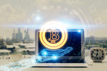 Poster - Double exposure of blockchain and crypto economy theme hologram and table with computer background. Concept of bitcoin cryptocurrency.