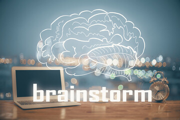 Poster - Desktop computer background in office and start up theme hologram drawing. Double exposure. Startup concept.
