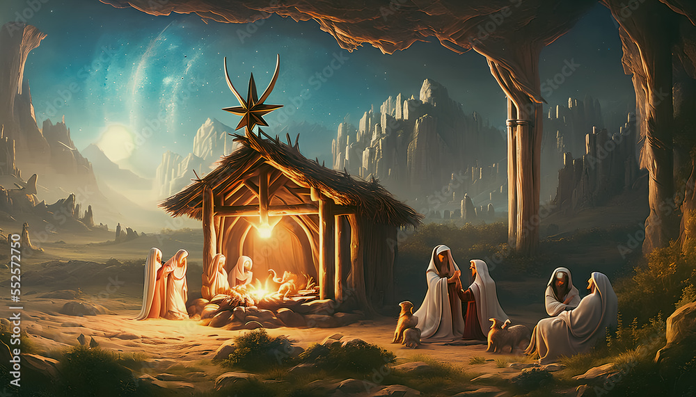 Christmas nativity scene of born child baby Jesus Christ in the manger ...