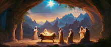 Christmas Nativity Scene Of Born Child Baby Jesus Christ In The Manger.