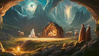 Wall Mural - Christmas nativity scene of born child baby Jesus Christ in the manger.