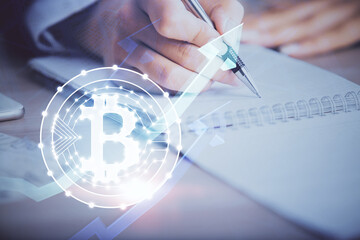 Poster - Cryptocurrency hologram over woman's hands writing background. Concept of blockchain. Multi exposure
