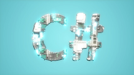 Poster - modern shining cybernetical text C# on blue backdrop - abstract 3D illustration
