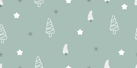 Cute green pastel Christmas tree and snowflakes pattern