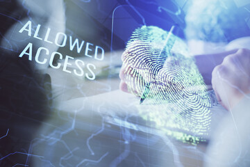 Aufkleber - Blue fingerprint hologram over hands taking notes background. Concept of security. Double exposure