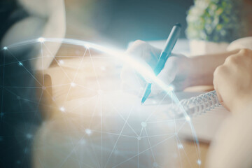 Poster - Social network theme hologram over woman's hands writing background. Concept of international people connect. Double exposure