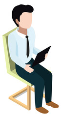 Poster - sitting man reading document. isometric business man working