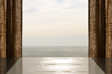 View from the window to the lake, river, sea. Morning, fog, sunset, sunrise. blank. Place for an inscription. Board and view from the window.