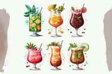Fancy Cocktails, Exotic Alcohol Drink Set Isolated, Hand Drawn Style, Juice, Fruits,  Digital Illustration, Perfect For Use On Menus, Cards, Print And Design Elements. Generative AI