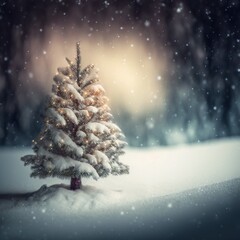 Empty white snow with blur Christmas tree with bokeh light background