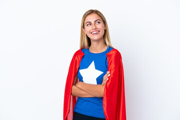 Wall Mural - Super Hero caucasian woman isolated background happy and smiling