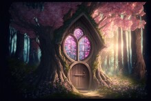 Enchanted Fairy Tale Forest With Magical Shining Window In Hollow Of Fantasy Pine Tree Elf House