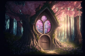 Enchanted fairy tale forest with magical shining window in hollow of fantasy pine tree elf house. Generative AI