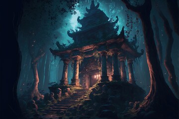 Wall Mural - Fantasy stone temple in the forest at night. Generative AI