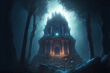 Wall Mural - Fantasy stone temple in the forest at night. Generative AI