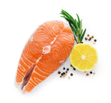 Fresh Raw Salmon Steak With Rosemary, Peppercorns And Lemon On White Background, Top View