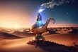 Lamp of Wishes In The Desert - Genie Coming Out Of The Bottle. Generative AI