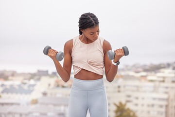 Wall Mural - Muscle, dumbbell and black woman training in the city, rooftop fitness and muscle cardio in Mexico. Workout, health and African girl athlete with weights for bodybuilding, power and strong arms