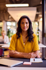 Portrait Of Mature Businesswoman With Laptop And Notebook At Desk In Office