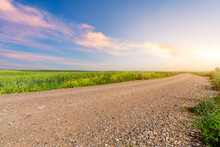 Country Road And Green Wheat Fields Natural Scenery At Sunset