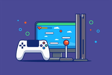Aufkleber - Video gaming concept in flat outline design. Gamepad near computer with virtual game on screen. Joystick and other devices for playing entertainment. Illustration with colorful line web scene