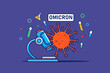© DesignSells - Omicron virus concept in flat outline design. Coronavirus disease outbreak. Huge disease microbe and microscope. Research and development of drugs. Illustration with colorful line web scene