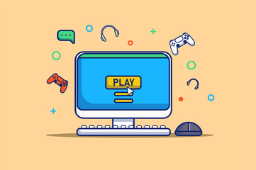 Poster - Video gaming concept in flat outline design. Computer with virtual game on screen and flying gamepad and joystick. Devices for playing entertainment. Illustration with colorful line web scene
