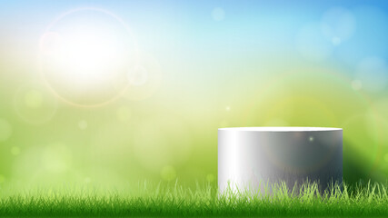 Wall Mural - 3d realistic white podium pedestal stand on morning summer green nature blurred bokeh background