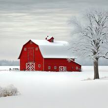 A Red Barn In The Middle Of A Snowy Field. 