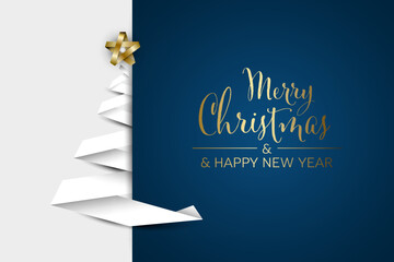 Wall Mural - simple vector christmas card with white christmas tree made from paper stripe on blue background