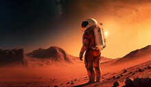 Astronaut On Mars  The Red Planet - Landscape With Desert And Mountains, Generative Ai