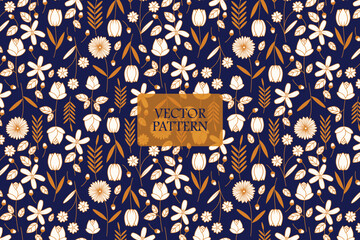 Wall Mural - White and gold flower garden abstract on a dark blue background. Seamless repeat vector pattern