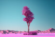 Magenta palm tree amidst desert. Creative minimalistic surreal background. AI