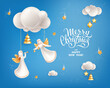 Vector banner for Merry Christmas and Happy New Year holidays. Realistic Christmas tree toys in a shape of Christmas angels, fir tree and stars, sequins and clouds on a sky blue background
