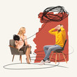 © master1305 - Contemporary art collage. Female psychologist helping man to organize tangled thoughts. Obsessive ideas, stress and depression