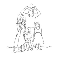 Wall Mural - Continuous line drawing of mother, father and childs. Happy family of five on white background