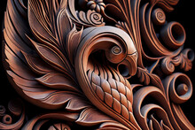Floral And Swan Motif Carved In Wood, Abstract Background Texture