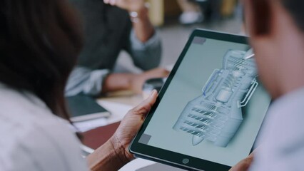 Poster - Creative people, design and tablet for prototype, model or digital planning in teamwork at office. Group of employee designers looking at 3D model, rendering or illustration on touchscreen in startup
