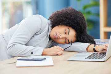 Wall Mural - Black woman, sleeping and office desk while tired, burnout and fatigue while asleep by laptop at corporate company, head on table to relax. Lazy entrepreneur exhausted and sleepy due to work stress
