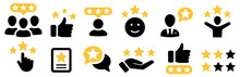 5 Stars Positive Review. Rate Icons Set. Feedback Icon Collection. Concept Of Best Ranking. Customer Review. Good Result. Star, Envelope, Smiling Emoji, Like Thumb Up And Speech Bubble.