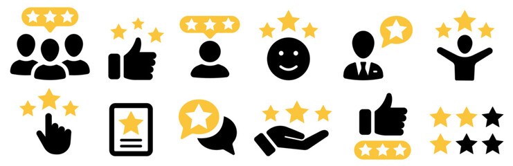 5 stars positive review. rate icons set. feedback icon collection. concept of best ranking. customer