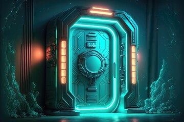 Wall Mural - abstract neon light portal, science and technology iron entrance, neon rays and lines, neon light re